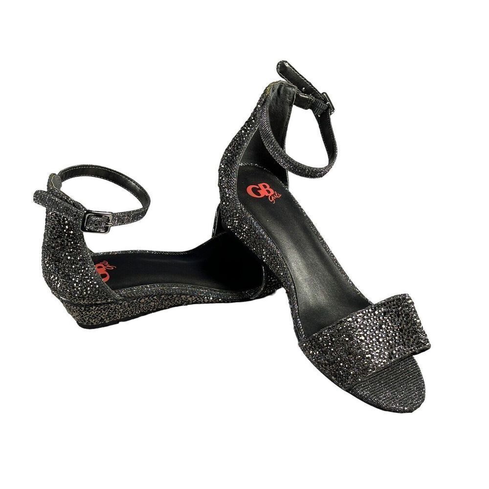 GB Girls Sparkly Sandals Size 4M Shoes Wedge Gray Jeweled Ankle Strap Fancy - Picture 6 of 10